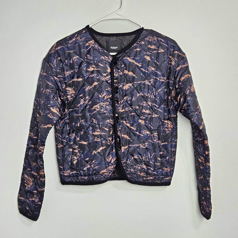 Hudson Reversible Quilted Bomber Jacket Womens Sz XS Sailor Blue Camo Denim READ